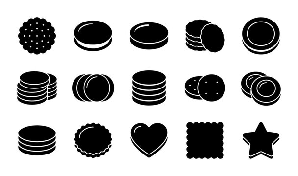 Minimalist cookie icon set, black silhouette biscuit symbols, 15 sweet snack vector elements, assorted bakery treats for food menu design