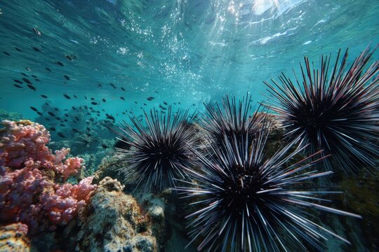 Macro underwater photograph of spiny sea urchins among coral and gentle reef light