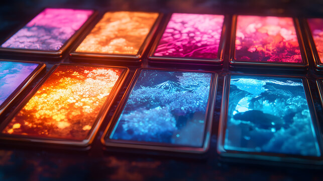 Traditional Japanese Hanafuda playing cards with glowing neon borders on a dark wabi-sabi table.
