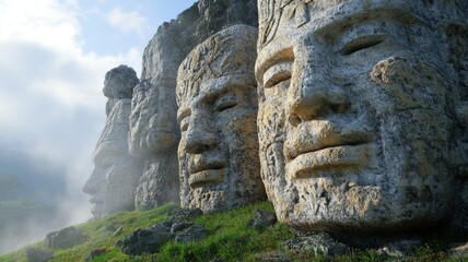 Obraz premium Ancient mountain pass guarded by colossal statues of forgotten deities in thick fog