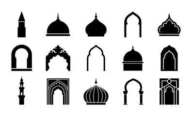 Islamic architectural silhouettes, 15 black mosque domes and arabic arches vector set, oriental door frames and minaret icons for ramadan design © Shahriar