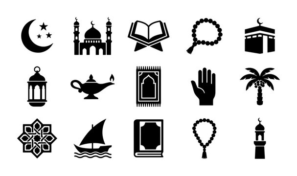 Islamic Ramadan icon set, 15 black solid vector symbols for Eid Mubarak, religious mosque and Quran illustrations for greeting cards