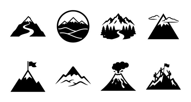Minimalist mountain icons set, black silhouette peak and volcano vector graphics, 8 nature landscape symbols for outdoor branding and logo design