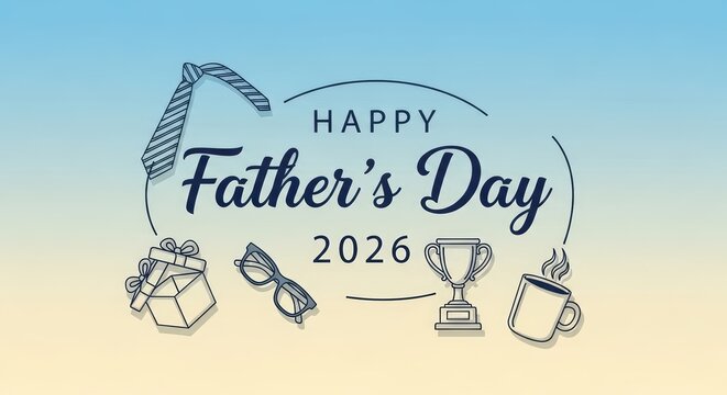 Father day 2026 banner with line art icons on blue yellow gradient.
