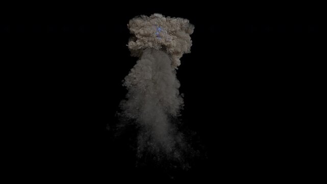 Blue fireball explosion mushroom cloud on alpha channel. Cinematic blue smoke explosion isolated. Blue explosion smoke plume rising. Blue fire explosion with grey smoke plume