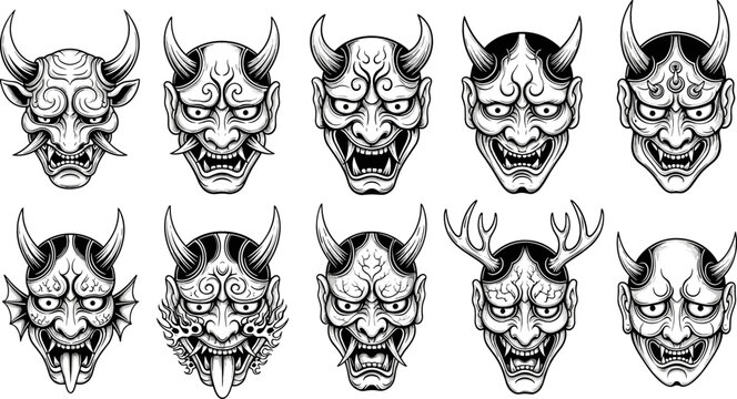 Japanese Oni Demon Mask Outline Illustration Set Featuring Traditional Horned Yokai Faces with Expressive Mythical Characters for Tattoo Cultural and Fantasy Design Projects