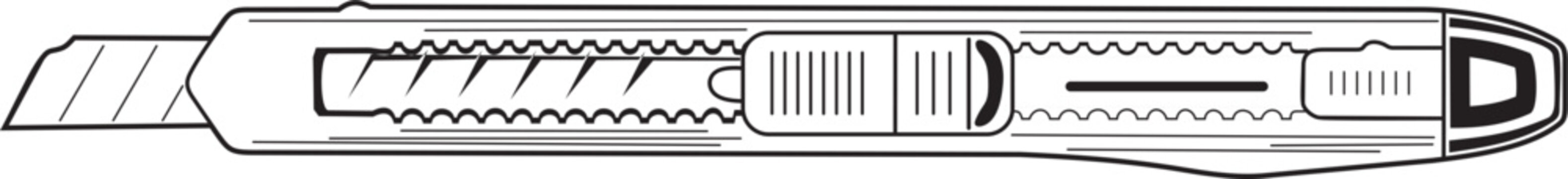 Detailed monochrome illustration of a utility knife with a retractable blade. A tool for cutting paper, cardboard, and film.