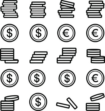 Coin line icons including cash, payment, digital currency, financial transaction symbols for modern interface design