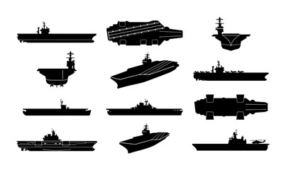 Military aircraft carrier silhouettes set, 12 naval warship icons in black vector format, navy vessel collection for tactical maps and infographics © Rubel