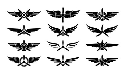 Vintage aviation emblems with wings and propellers, 12 black airplane pilot badges, retro flight club logo set, military air force insignia vector © Rubel