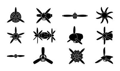 Vintage airplane propeller icons, set of 12 black aircraft screw silhouettes, aviation engine fan blades, industrial vector graphics for logos © Rubel