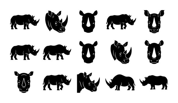 Rhino Icon Set, African Wildlife Silhouette Collection, Vector Animal Graphics for Safari and Zoo Themes