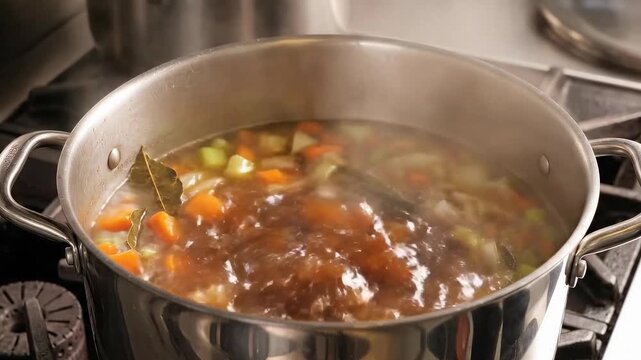 A large pot filled with vegetable stock simmers on the stove. The colors of the vegetables stand out as the stock reduces. Steam rises as the cooking process continues over time.