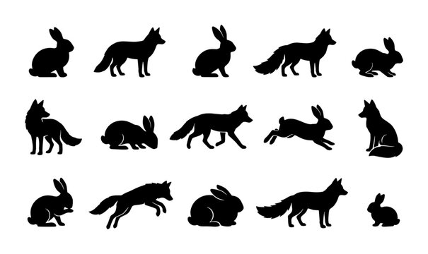 Black fox and rabbit silhouettes set, 15 wild animal vector icons in various poses, forest wildlife collection for hunting and nature logos