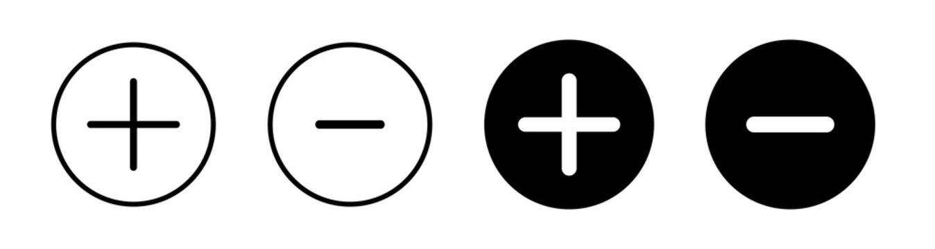 Plus minus icon set with add and remove symbols in outline and solid styles. Increase decrease control icons for app and web interface, zoom and settings