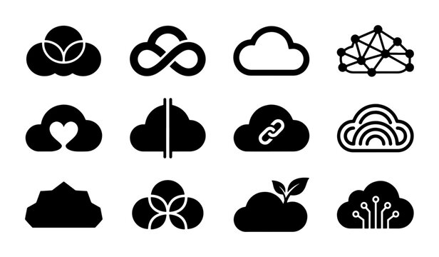 Minimalist cloud computing icons set, 12 black vector symbols for data storage and network technology, modern abstract cloud logo collection for web design