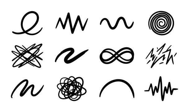 Hand drawn scribble line art set, black ink doodle strokes and wavy curves, 12 abstract pencil sketch elements for graphic design and journaling