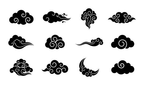 Traditional Chinese clouds set, black oriental swirl cloud silhouettes, 12 decorative Asian sky elements, vintage Japanese style vector icons