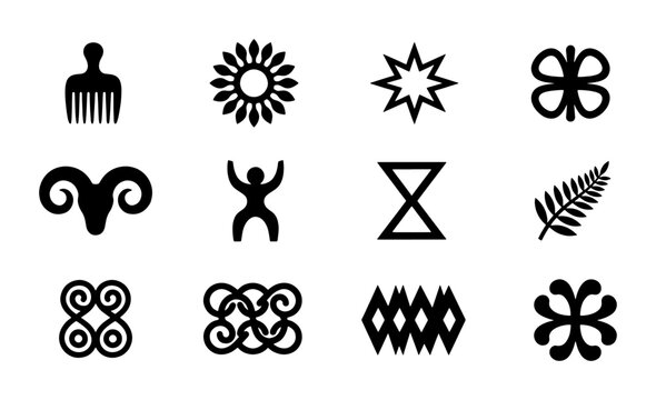 Traditional Adinkra symbols set, 12 black ethnic African icons, West African cultural motifs and tribal geometric elements, vector graphic collection