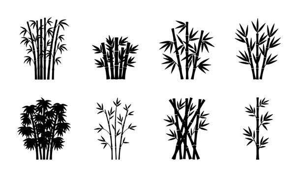 Bamboo silhouette vector set, black tropical plant icons, 8 minimalist bamboo tree stalks and leaves, zen botanical forest elements for logo design