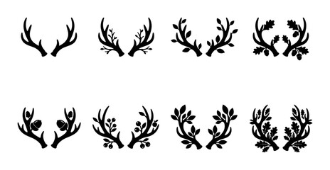 Rustic deer antler silhouettes with floral leaves and acorns, set of 8 decorative hunting horn vectors, botanical woodland animal head elements © Ayesha