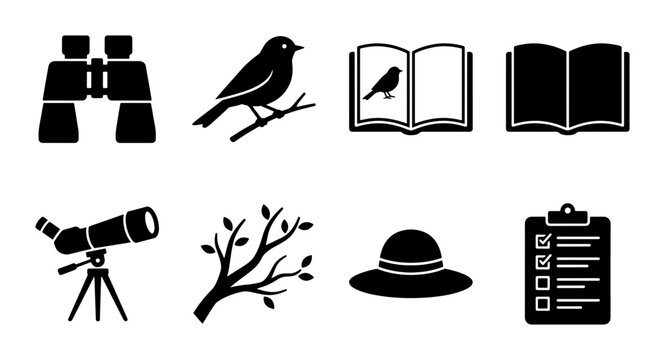 Bird Watching Icons Set: Binoculars, Ornithology Book, Telescope, Nature Elements, Checklist, Hat for Outdoor Exploration and Wildlife Observation