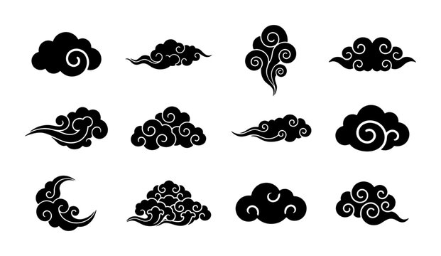 Traditional Chinese clouds set, 12 black oriental cloud silhouettes, vintage Japanese style swirl patterns, decorative Asian vector elements