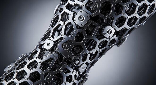 Close-up of a bicycle chain with a honeycomb pattern on a dark background