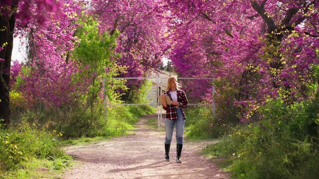 Female environmental scientist using digital tablet to monitor trees in spring nature. Ecology research, sustainability and environmental protection concept. Green lifestyle and eco technology