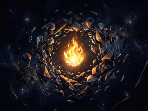Glowing fire orb surrounded by floating shards in cosmic void for space poster and background design