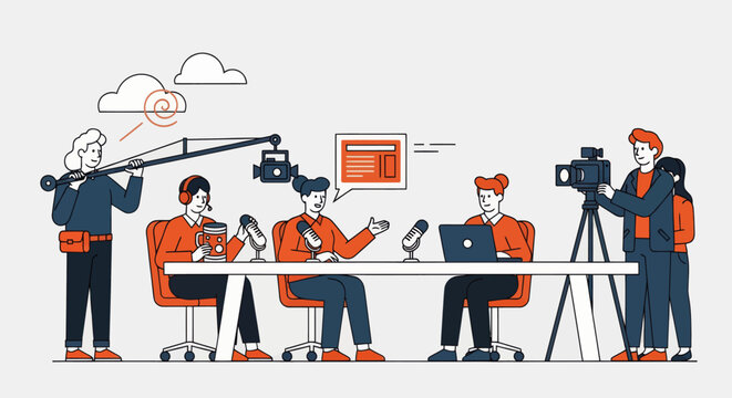 Cartoon vector illustration of bloggers on filming set interviewing each other, content creation and collaboration concept, camera and microphone as metaphor for storytelling and digital media interac