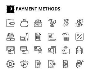Fototapeta premium Payment Methods Line Icons Pack, Banking Wallet Cash Digital Payment Editable Stroke