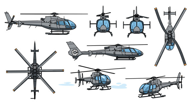 Various views of a modern helicopter are presented, showing the aircraft from different angles and perspectives.