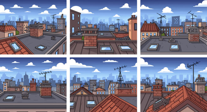A panoramic view across multiple urban rooftops with chimneys and skylights under a vibrant blue sky with fluffy clouds.