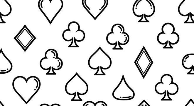 A repeating black and white outline pattern of classic playing card suits: hearts, diamonds, clubs, and spades.