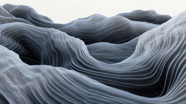 Abstract terrain with flowing lines and smooth hills made of parallel white contours on black surface