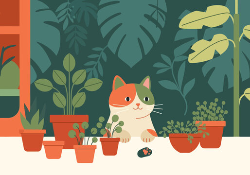 Illustration Of A Cat Planting Herbs In A Small Pot, Sustainable Lifestyle Vector Design Template