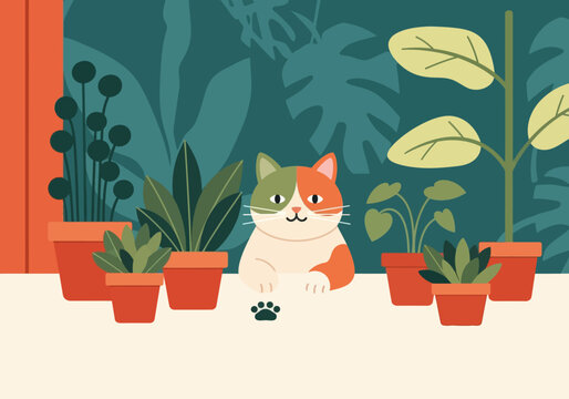 Illustration Of A Cat Planting Herbs In A Small Pot, Sustainable Lifestyle Vector Design Template