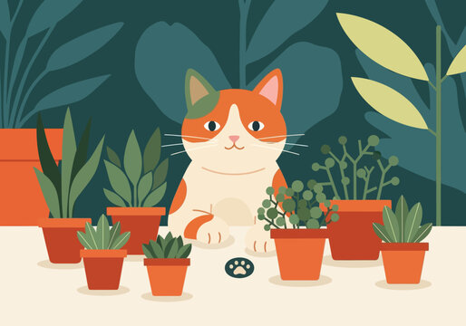 Illustration Of A Cat Planting Herbs In A Small Pot, Sustainable Lifestyle Vector Design Template