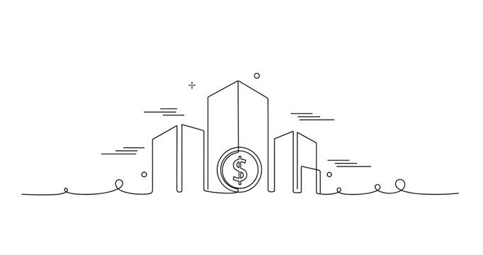 Minimalist urban skyline with dollar symbol line art illustration. None editable stroke