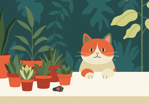Illustration Of A Cat Planting Herbs In A Small Pot, Sustainable Lifestyle Vector Design Template
