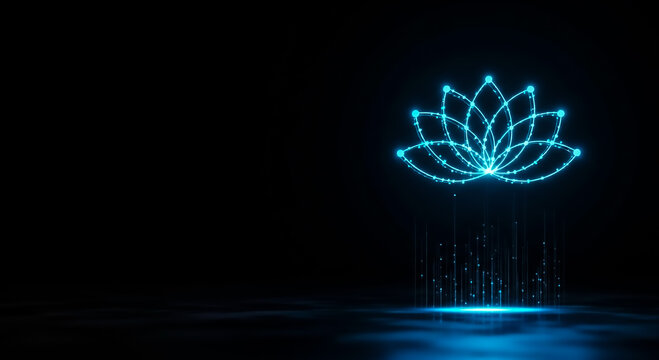 A futuristic neon blue lotus flower composed of digital light, rising above binary code, symbolizing technology and nature fusion.
