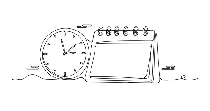 Minimalist continuous line drawing of clock and desk calendar. None editable stroke