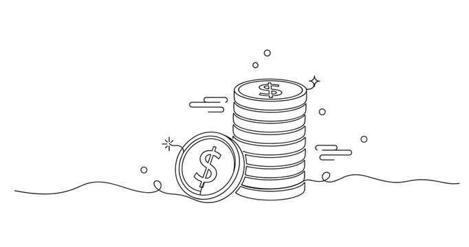 Minimalist stack of dollar coins line art with decorative elements. None editable stroke