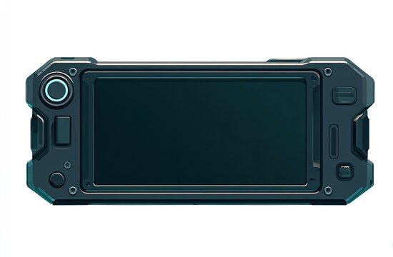 A rugged, futuristic handheld device with a screen, buttons, and a circular control