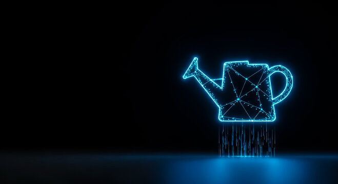 Glowing blue neon wireframe watering can with binary code pattern at base, futuristic 3D digital design on black background.