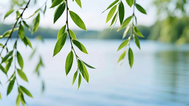 Green willow leaves swaying in breeze