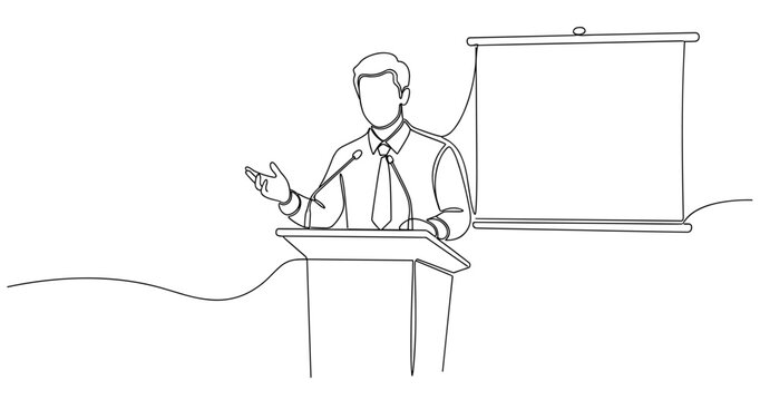 Male speaker delivering presentation at podium with projector screen outline. No editable stroke