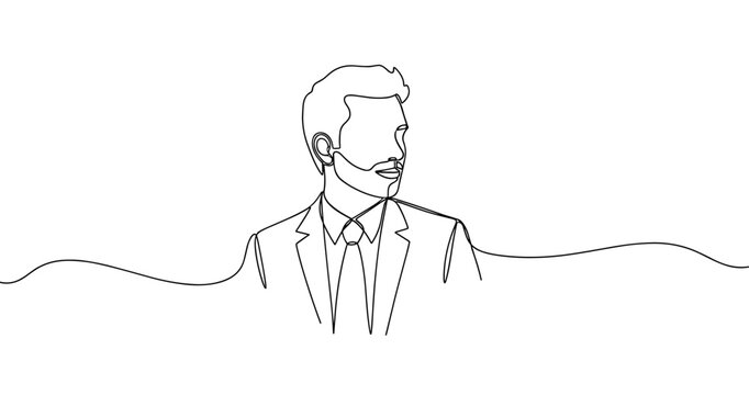Minimalist line art of young caucasian male in suit facing sideways. No editable stroke
