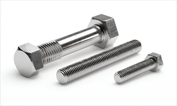 Three shiny metal fasteners, two bolts and a threaded rod, with hexagonal heads